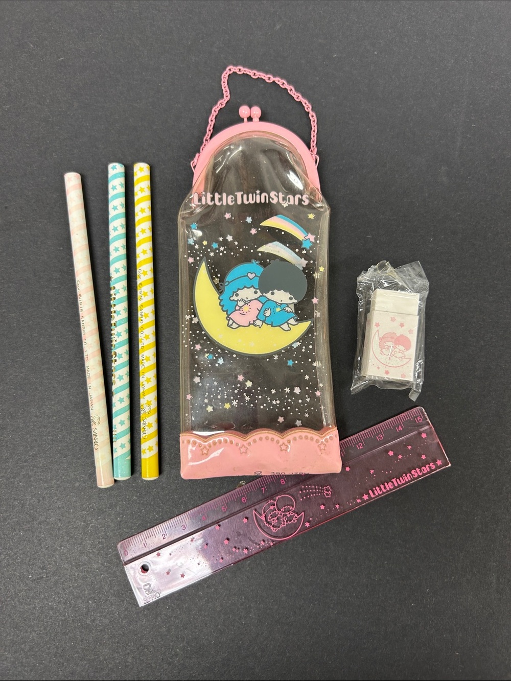 Vintage 1976 SANRIO  “Little Twin Stars “ clear plastic metal clasp pencil case
